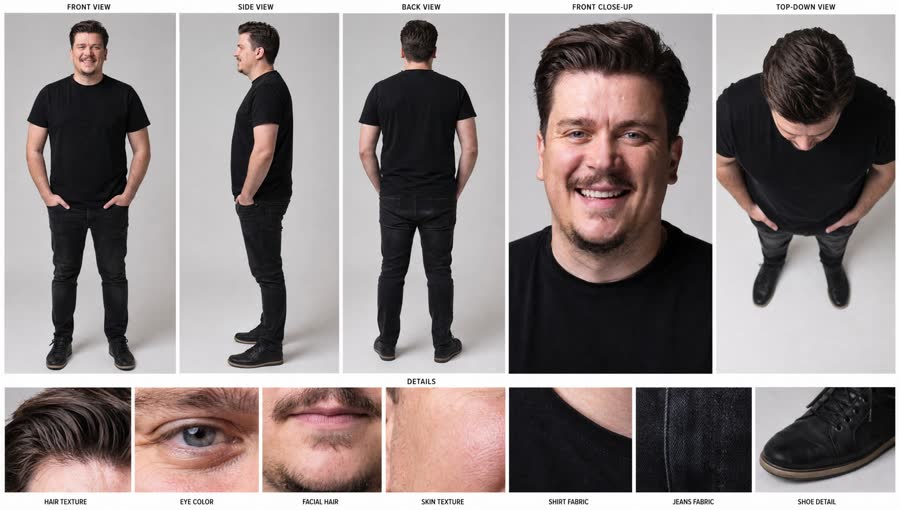 Character sheet of Luz Palokaj: front, side and back views plus face and detail close-ups on a plain background.